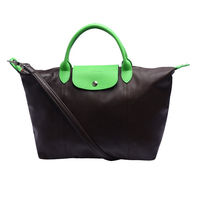 LONGCHAMP Le Pliage Personalized撞色混羊皮短把手提/斜背包(中-咖啡X亮綠)