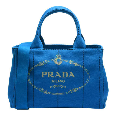 PRADA CANAPA三角LOGO帆布縫線造型手提斜背包(小-水藍)