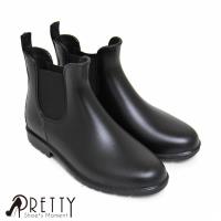 【Pretty】時尚霧面側接鬆緊帶短筒雨靴-黑色