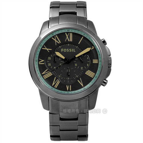 FOSSIL / FS5185 / Grant 紳士復古羅馬三環計時不鏽鋼手錶 深灰色 44mm