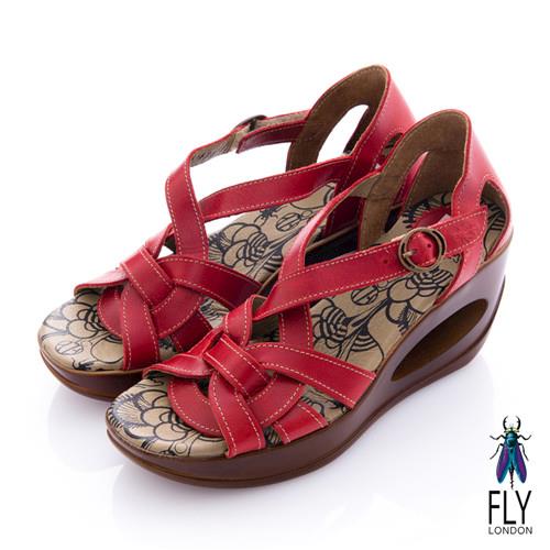 Fly London(女) 編織牛皮 洞力楔型涼鞋 - 紅