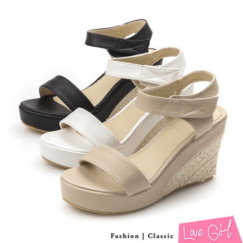 ☆Love Girl☆夏日皎潔一字魔鬼氈楔型涼鞋