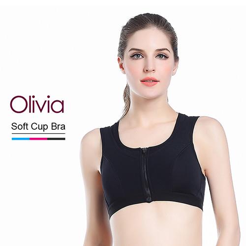 【Olivia】專業防震無鋼圈假兩件排汗速乾女用運動內衣(拉鍊款) -黑色