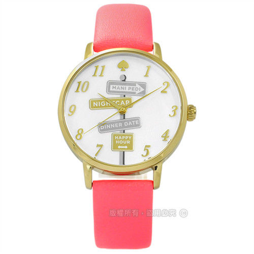 kate spade / KSW1127 / Metro 紐約時尚品味指標真皮手錶 白x金框x螢光粉 34mm