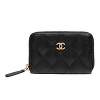 CHANEL 經典菱格紋荔枝紋小牛皮小香LOGO金釦拉鍊/零錢包(黑)