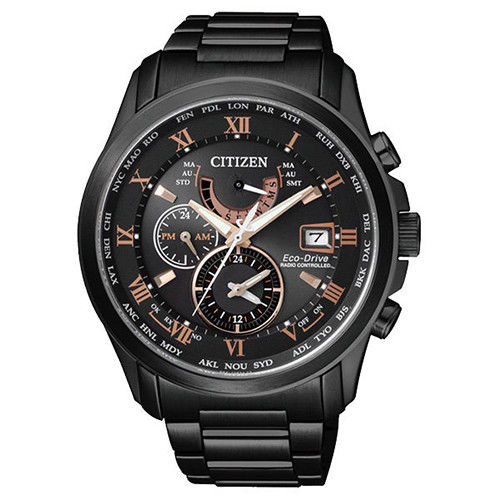 CITIZEN 光動能電波萬年曆時尚腕錶-黑x玫瑰金時標/43mm/AT9085-53E