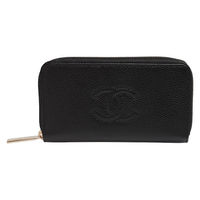 CHANEL 經典雙C LOGO魚子醬小牛皮拉鍊信用卡中夾(黑)