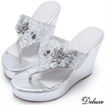 【Deluxe】全真皮水晶花朵時尚厚底楔形鞋(銀)