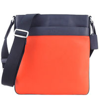 COACH 壓印LOGO雙色皮革扁斜背包(橘/深藍)