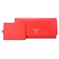 PRADA SAFFIANO PATTINA 字形LOGO雙釦式長夾(橘紅/附卡片夾)