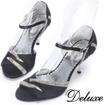 【Deluxe】S型水鑽交纏緞布涼跟鞋(黑色)-066