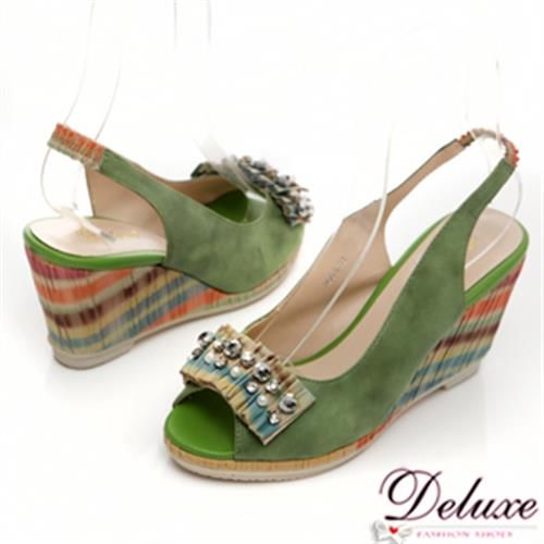 【Deluxe】真皮霧色彩繪鑲鑽後勾楔型鞋(綠)