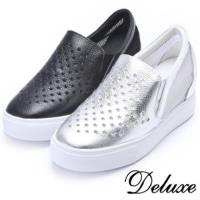 【Deluxe】性感百搭‧真皮透膚星簍空厚底休閒鞋(銀色★黑色)-5816-1