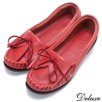 【Deluxe】全真皮蝴蝶結舒適簡約平底鞋(紅)-8009-1