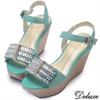 【Deluxe】全真皮排列水鑽楔型涼跟鞋(綠)