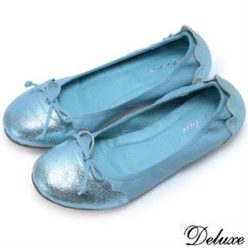 【Deluxe】全真皮花瓣邊蝴蝶結內增高包鞋(藍)-2516-23