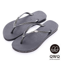 QWQ夾拖的創意(女) - 彩色素面 鞋側施華洛世奇鑽鍊夾腳拖鞋 - 爵士黑