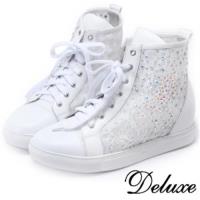 【Deluxe】彩鑽高筒蕾絲網紗厚底休閒鞋(白)-0206-B2