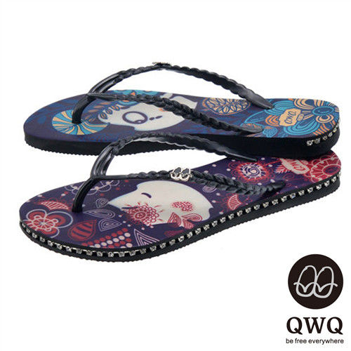 QWQ夾拖的創意(女) - 左右大不同melody兩小無猜 側鑽鍊夾腳拖鞋 - 藍紫 
