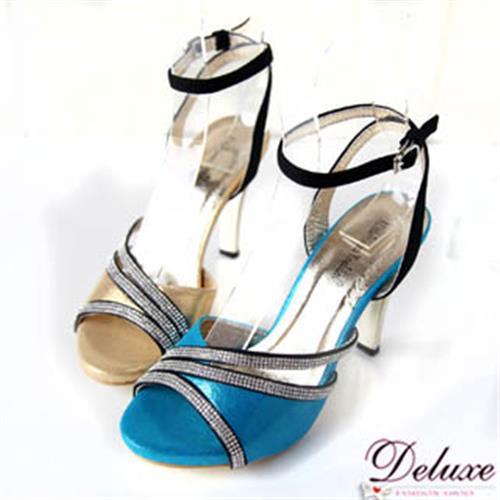 【Deluxe】閃亮皮革細排亮鑽繫踝高跟涼鞋(金.藍)-950-1