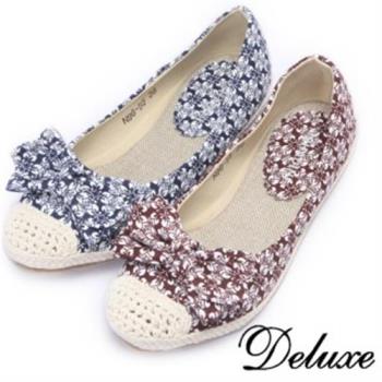 【Deluxe】布面印花草編包頭平底鞋(棕.藍)-N96-55
