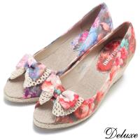 【Deluxe】春日印花蝴蝶結魚口楔型鞋(紅印花★藍印花)-D208-1