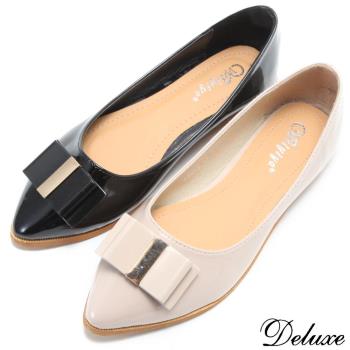 【Deluxe】素色顯瘦小尖頭蝴蝶結平底包鞋(米/黑)-288-8