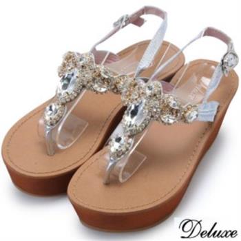【Deluxe】全真皮不規則水晶鑽楔型涼跟鞋(銀)