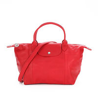 LONGCHAMP Le Pliage Cuir 小羊皮短把折疊小型水餃包(小/紅/附背帶)
