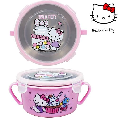 【家得適】HELLO KITTY 不鏽鋼雙耳隔熱碗/幼兒學習隔熱餐碗(粉紅 買1送1)