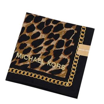 MICHAEL KORS燙金LOGO鎖鏈邊豹紋大帕巾 (黑咖)