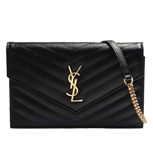 YSL MONOGRAM系列V字縫線魚子醬牛皮金屬LOGO金鍊肩背信封包(黑)