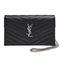 YSL MONOGRAM系列V字縫線魚子醬牛皮金屬LOGO銀鍊肩背信封包(黑)
