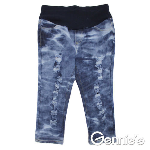 【Gennie’s奇妮】水洗紋刷色抓破造型孕婦牛仔七分褲-藍 (G4118)