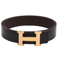 HERMES 經典金色大H LOGO雙面兩穿小牛皮腰帶/皮帶(黑X咖啡_90cm)