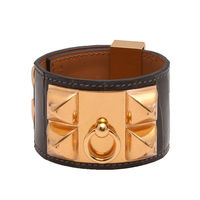 HERMES collier de chien金屬鉚釘亮面鱷魚皮寬版手環(S-咖啡X金)