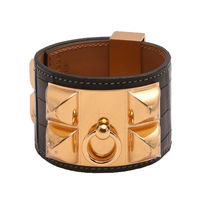 HERMES collier de chien金屬鉚釘鱷魚皮寬版手環(S-黑X金)