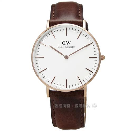 DW Daniel Wellington★贈玻璃膜 / DW00100035 / 旗艦聖安德魯真皮手錶 白x玫瑰金框x咖啡 36mm