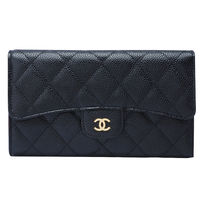 CHANEL 經典金色雙C菱格荔枝紋牛皮暗釦長夾(黑色)