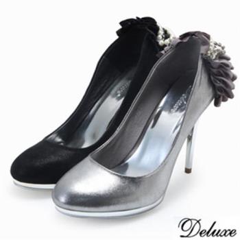 【Deluxe】法式優雅緞面珍珠天鵝湖銀跟鞋(黑-灰)