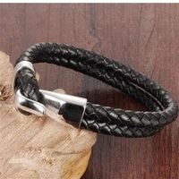 【米蘭精品】皮革手環鈦鋼手鍊韓版雙層編織皮繩男款73cq78
