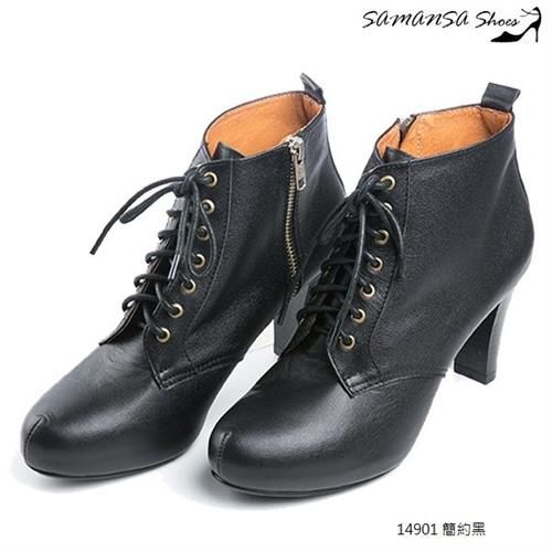 莎曼莎手工鞋【MIT全真皮】 率性時尚內增高綁帶高跟短靴 - #14901--簡約黑