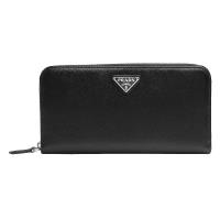 PRADA Saffiano ORO 經典銀色三角立體LOGO防刮牛皮八夾拉鍊長夾(黑色)