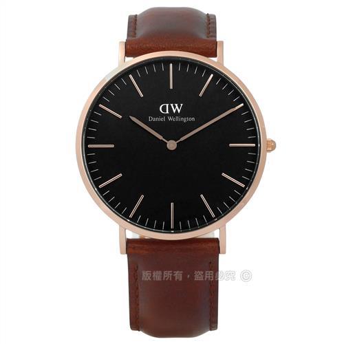 DW Daniel Wellington★贈玻璃膜 / DW00100124 / 經典旗艦真皮手錶 黑x玫瑰金框x咖啡 40mm