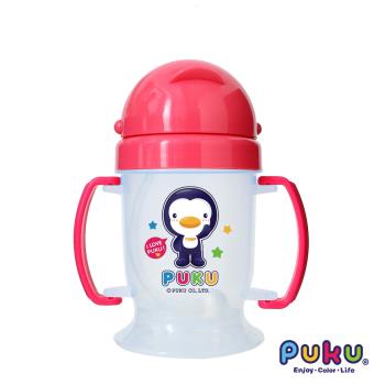 任-PUKU藍色企鵝 滑蓋式矽膠自動吸管練習杯180ml 粉色