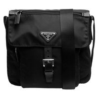PRADA VELA系列經典三角LOGO牛皮飾邊尼龍釦環造型斜背包(黑)