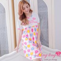 【lingling日系】全尺碼-立體英字蕾絲圓點哺乳孕婦連身裙睡衣(元氣粉)A2907-01