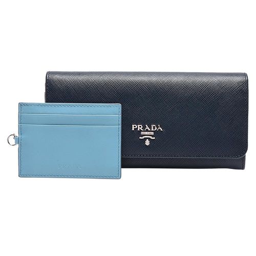 PRADA SAFFIANO COLOUR系列銀色浮雕LOGO防刮牛皮雙釦長夾(藏藍-附車票夾)