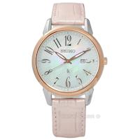 SEIKO 精工 / V137-0CG0K.SUT300J1 / LUKIA 典雅唯美珍珠母貝太陽能日期鱷魚皮手錶 銀x玫瑰金框x銀粉 33mm