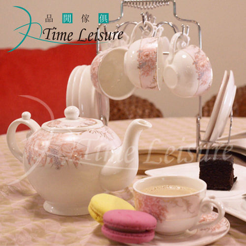 Time Leisure 品閒 花漾雅韻骨瓷咖啡杯盤禮盒13件組(附架)